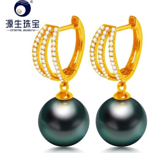 YS 9-10mm Natural Tahitian Pearl 18K Solid Yellow Gold Drop Earrings Fine Jewelry For Women