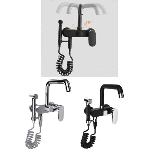European-style Mop Pool Hot And Cold Water Brass Faucet Kitchen Sink Double Hole Mixing Valve With Spray Gun 360° Rotation Tap