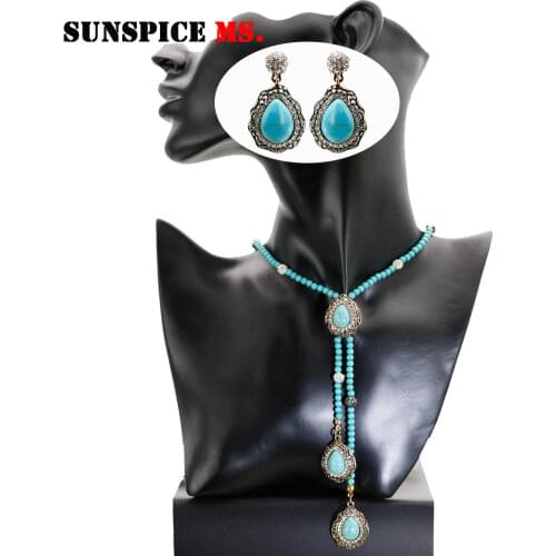 SUNSPICE MS Turkish Vintage Beads Stones Long Necklace Earrings Women Sweater Chain Antique Gold Color Boho Ethnic Jewelry Sets