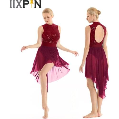 Women ballet Lyrical dance Costumes Halter Neck Sleeveless Backless Shiny Sequined High Low Mesh Leotard Bodysuit Ballet Dress