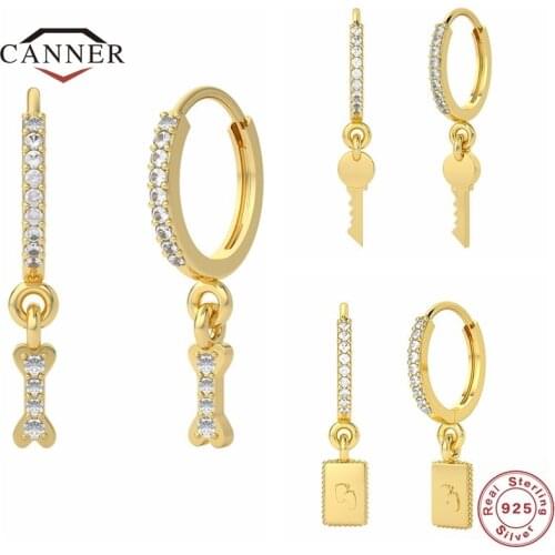 CANNER 925 Sterling Silver Hoop Earrings for Women Key &Bone Round Circle Piercing Earring Silver 925 Jewelry Pendientes Brincos