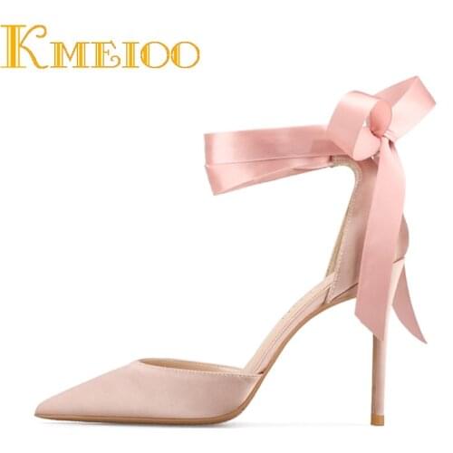 Kmeioo Woman Shoes Riband Pumps Pointed Toe Stilettos Ankle Wrap High Heels Lace Up Evening Wedding Shoes