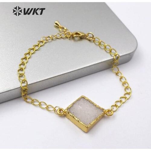 WT-B501 Natural Stone Bracelet Square Shape Druzy A gate Bracelet With Gold Electroplated Chain Fashion Woman Stone Jewelry