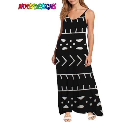 NOISYDESIGNS Casual Sling Creativity Ankara Prints Women Dress Summer Sexy V-neck Holiday Maxi Dress Elegant Dresses Black