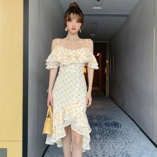 Summer Elegant Sexy Party Dresses Spaghetti Strap Dot Chiffon Dress Women Bodycon Ruffles Ladies Beach Mermaid Dress Vestidos