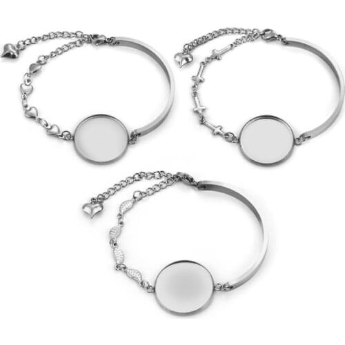2Pcs/Set DIY Stainless Steel Bracelet Base Setting Handmade Love Heart Cross Leaves Bangle Bracelet Jewelry Making Findings