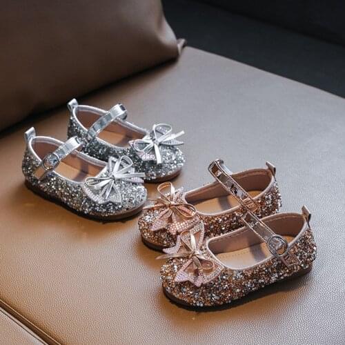 2021 Spring Flats Girls Rhinestone Leather Shoes Fashion Bow Princess Shoes Sequins Princess Sweet Cute for Party Hot Chic Kids