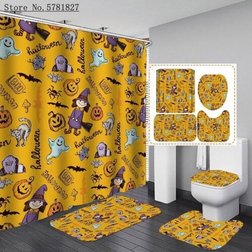 4 Pieces Happy Halloween Shower Curtain Black White Yellow Bath Sets 3D Print Festival Bathroom Sets Cartoon Shower Curtain Set