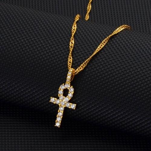 Anniyo Small Ankh Cross Cubic Zirconia Pendant Necklace Woman African Charms Jewelry Egyptian Hieroglyphic Symbol #201725
