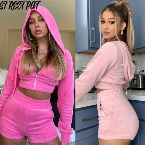 Velvet Hoodies Tracksuit 2 Two Piece Set Women Long sleeve Zip Jackets Crop Top+Shorts Sets Casual Sport Summer Vacation Outfits
