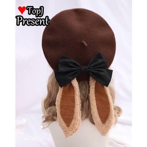 2021 New Fashion Women Soft Bow Elegant Berets Winter Warm Hat Harajuku Wool Beret Hat with Bunny ears