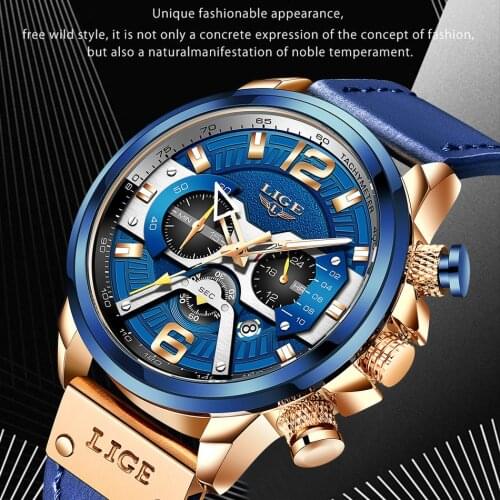 LIGE 8917 Mens Luxury Military Leather Watch Fashion Chronograph Quartz Sports Waterproof Male Wristwatches Clock