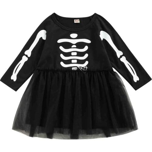 Halloween Toddler Baby Kid Girl Dress Skull Print Mesh Tutu Party Dress Long Sleeve Princess Casual Dress Clothes
