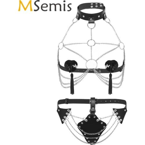 Women Sexy BDSM Harness Metal Chains Bikini Lingerie Set Open Bust Bondage Bra Top+Thong Nipple Covers Adult Exotic SM Costumes