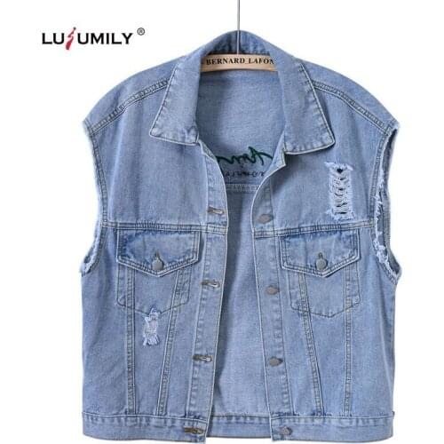 Lusumily Denim Vest Women Embroidery Waistcoat Simple Sleeveless Cowboy Outwear Coat Female Sleeveless Jeans Jacket Student Tops