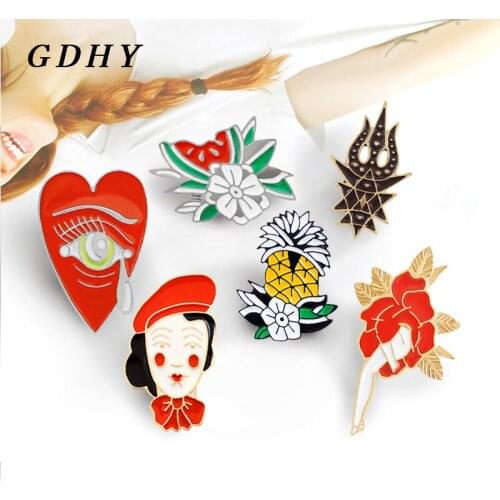 GDHY Cartoon Red Heart Eyes Tear Roses Legs Flowers Watermelon Pineapple Fire Candle Girl Brooch Pins Badge Gift For Women