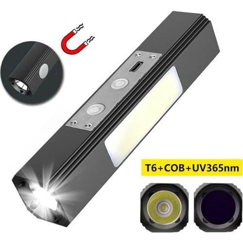 Multifunctional T6 LED Flashlight USB Rechargeable 365NM UV Torch Super Bright Waterproof COB Camping Lamp Magnet Design Lantern