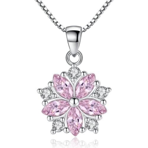 ModaOne 925 Sterling Silver Pink Clear Crystal Zircon Cherry Blossom Flower Chain Necklace For Women Girl choker
