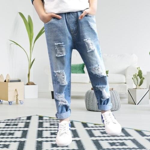 Fashionable Boys Clothes Hole Jeans Childrens Clothes 2019 New Elastic Waist Light Blue Jeans For Boys High Quality
