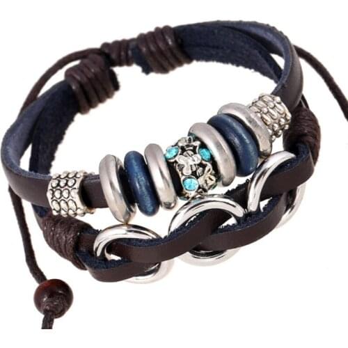 Punk Fashion Cuff Leather Bracelet Alloy Circle Beads Charm Weave Wrap Bangle Wristbands Woman Man Vitange Casual Hiphop Jewelry