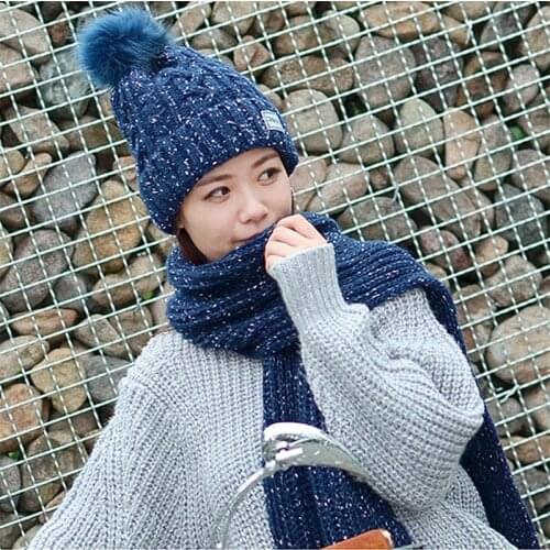 Fashion Gift Warm Winter Women Caps & Scarfs Elegant Scarf Hat Set Women Knit Pom Poms Beanie Cap Scarf Sets Long Ladies Scarves