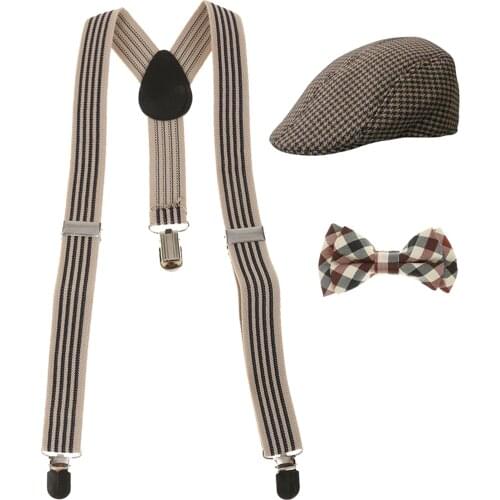 Fashion Boys Stretchble Y-back Suspender Bowtie +Beret Cap Flat Hat Set Suspenders Accessories