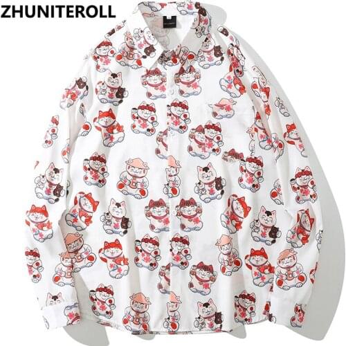 Harajuku 2021 Men Hawaiian Shirt Hip Hop Streetwear Cartoon Cat Print Beach Shirt Summer Long Sleeve Aloha Shirt Fashion Tops