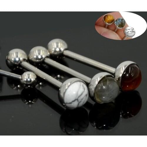 PAIR Labradorite Tiger Eye White Line Stone Tongue Barbell Ring Surgical Steel Tongue Piercing Bar Body Jewelry 14G