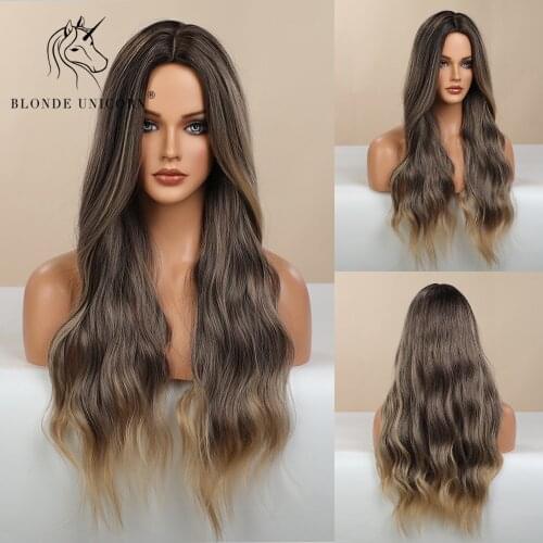 BLONDE UNICORN Long Wavy Hair Wig Dark Brown Root Ombre Blonde Brown Daily Natural Synthetic Wig for Women Heat Resistant Fiber