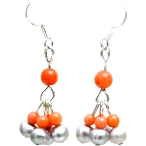 Qingmos Fashion 5-6mm Gray Round Natural Pearl Earrings for Women with 3-5mm Pink Coral Dangle Earring 1.5'' Jewelry ear518