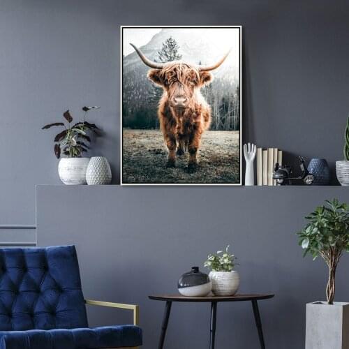 Nordic Canvas Painting Highland Cow Mountain Ainmal Landscape Wall Art Print Poster Picture Living Room Home Decor Drop Shipping