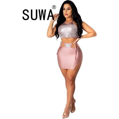 Women Sets With Skirt Summer Evening Party Club Wholesale Clothes Shiny Tank Crop Top And Bodycon Mini Sexy Dress 2 Pieces
