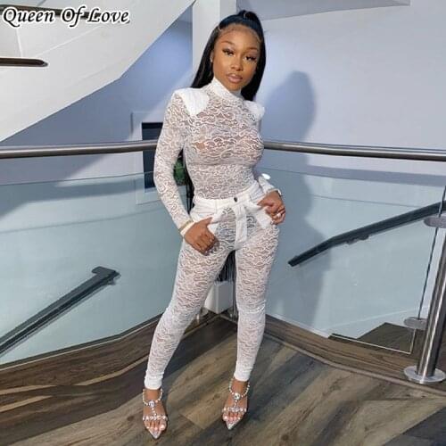 2 piece Set Women white lace playsuit and pant outfits 2020 new club party black lace See through bodycon pants matching sets