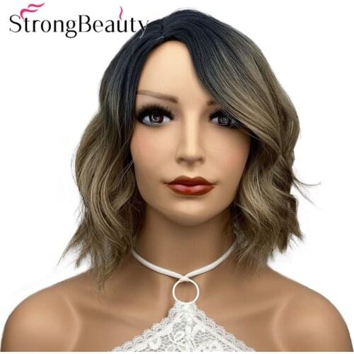 StrongBeauty Short Body Wave Bob Wigs Synthetic Wig Light Brown Ombre Women Capless Hair