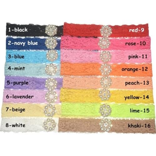30 pcs / lot , Stretchy elastic Lace Headband with Pearl Rhinestone Button Hair for hair accessories headwear