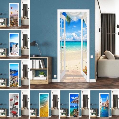 3D Wallpaper For Door Sticker Self-adhesive DIY Poster Beach Sea City Scenery Mural Home Design Door Decoration Decal Stickers