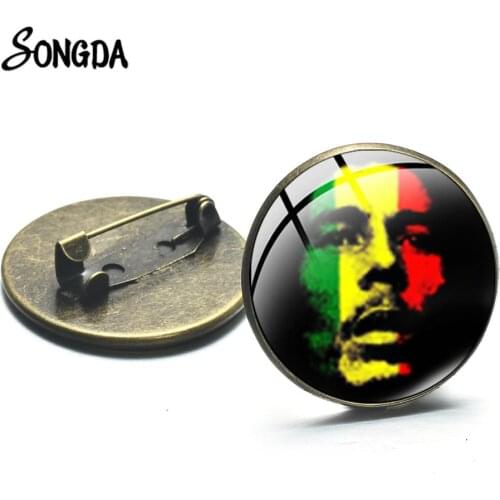 Reggae Singer Bob Marley Bronze Color Brooch Glass Cabochon Hip Hop Singer Metal Pins Backpack Handbag Badges Collection
