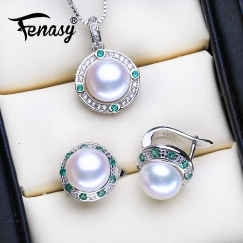 FENASY Luxury Pearl Jewelry Sets 925 Sterling Silver Green Crystal Natural Freshwater Pearl Earrings Necklace Ring For Women
