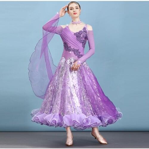 Modern Dance Costume Women Long Sleeve Shiny Diamond Ballroom Dance Costume Waltz/Tango Competition Clothes 4 Colors DQL1175