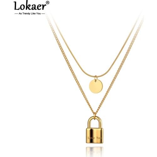 Lokaer Bohemia Stainless Steel Double Layer Love You Lock Charm Pendant Necklace For Women Trendy Vintage Party Necklace N21041