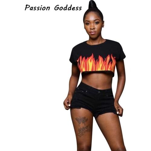 Harajuku Fashion Women Flame Shirts Tee Suit Plus Size Shirt Shorts 2 Piece Women Femme Bodycon Shorts Flame Letter Printed Tee