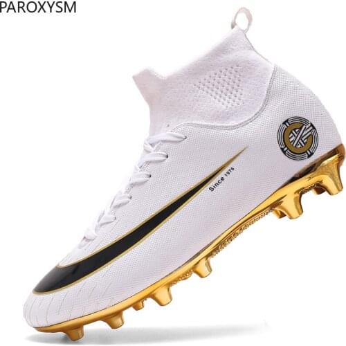 White Gold Mens womens football boots high ankle football shoes womens soft ground football shoes botas de futbol socks shoes
