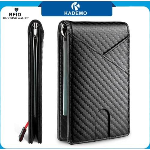 KADEMO RFID Blocking Men Wallets Carbon Fiber Slim Wallet with Money Clip Male Bifold Coin Purse Card Holder for Men Gift Box