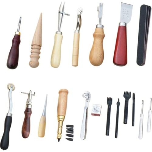 Professional 18 Pcs Leather Craft Tools Kit Hand Sewing Stitching Punch Carving Work Saddle Leathercraft Accessories