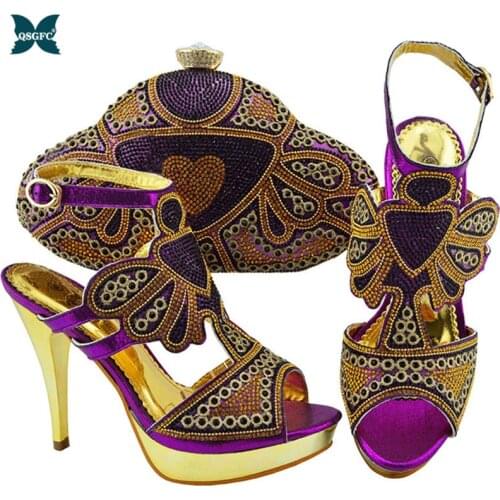 New Fashion African Wedding Purple Italian design Ladies Shoe and Bag Sets for Nigeria Party Designer Shoes Women Luxury 2020
