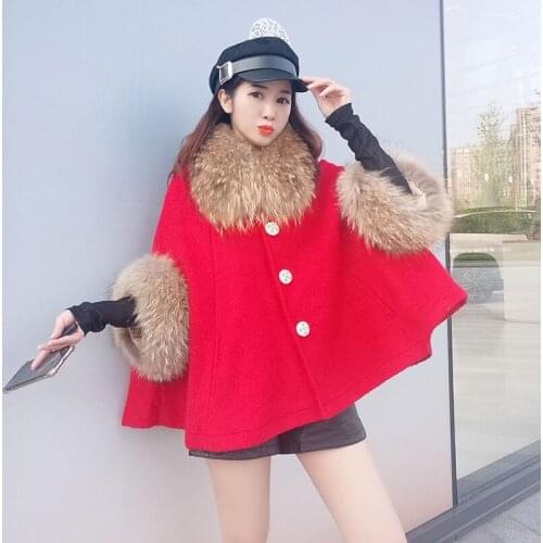 2020 Autumn and Winter Wool Coat Women New Raccoon Fur Collar Cape Jacket Female Thick Warm Fur Woolen Coat Casaco Feminino
