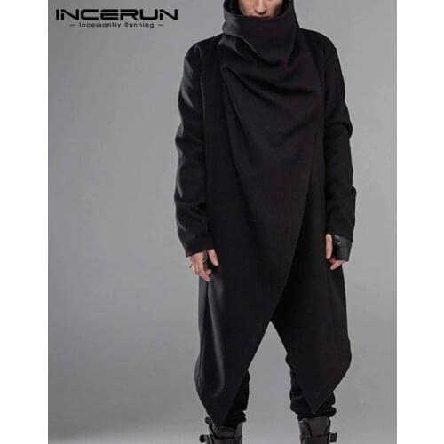 INCERUN Fashion Men Solid Color Long Sleeve Scarf Collar Casual Trench Jackets Street Trend Punk Style Baggy Mens Warm Outerwear