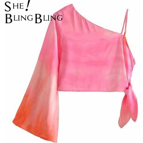 SheBlingBling Tie Dye Print Casual Blouses Summer Chic Asymmetric Shoulder Flare Sleeve Knot Women Crop Tops Female Blouse