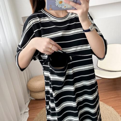 Simple Breastfeeding Dress Home Striped Clothes for Women Summer Long Shirt Pregnancy Clothes Cotton Nursing Maternity Gown