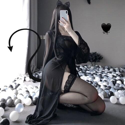Sexy Cosplay Costume for Women Black Sexy Pajams Lace Transparent Robe Set with Thong Erotic Lingerie Bellyband for Ladies